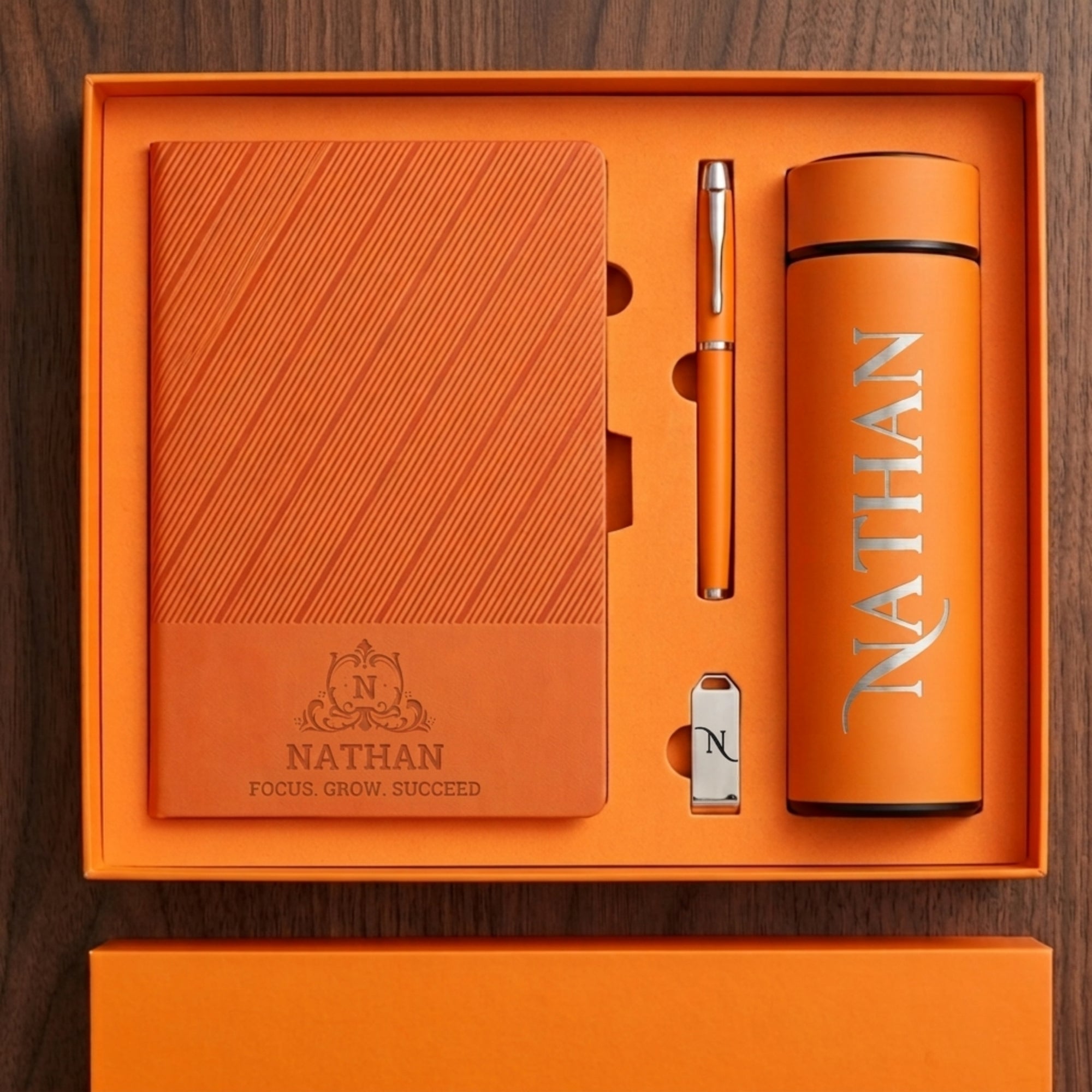 Personalised Striped A5 Notebook, Pen, Bookmark Charm, Tumbler &amp; 16GB USB Box Set, Custom Engraved Logo Journal, Graduation, Corporate Gift