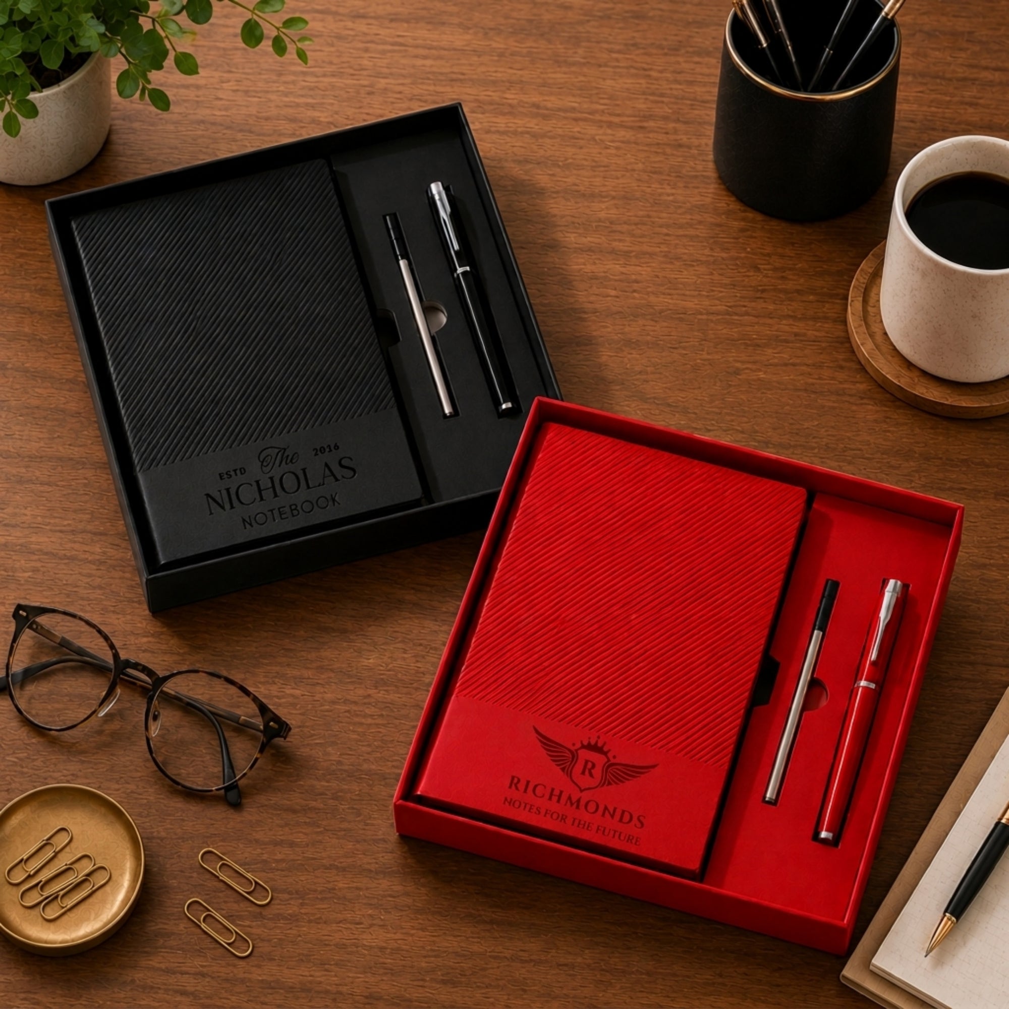 Personalised Striped A5 Notebook, Pen, Ink Refill &amp; Bookmark Charm Gift Box Set, Custom Engraved Business Journal, Graduation Corporate Gift