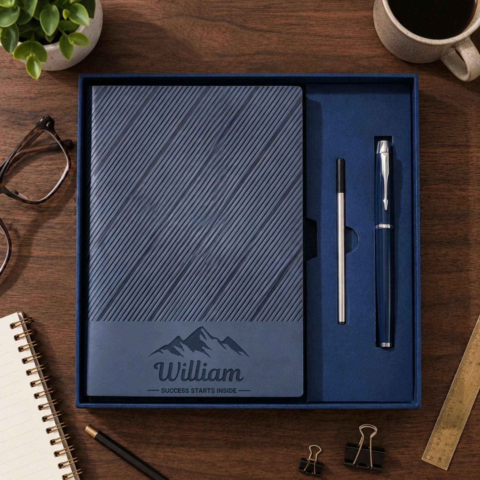 Personalised Striped A5 Notebook, Pen, Ink Refill &amp; Bookmark Charm Gift Box Set, Custom Engraved Business Journal, Graduation Corporate Gift