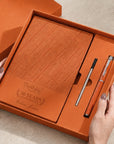 Personalised Striped A5 Notebook, Pen, Ink Refill & Bookmark Charm Gift Box Set, Custom Engraved Business Journal, Graduation Corporate Gift