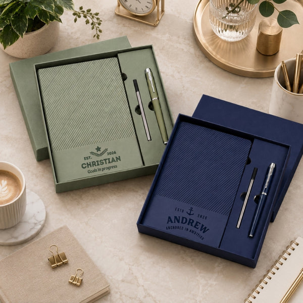 Personalised Engraved Striped A5 Notebook, Pen, Ink Refill & Bookmark Charm Gift Box Set