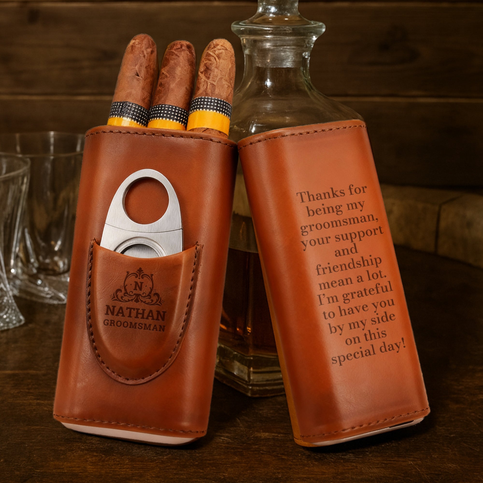 Personalised Tan Leatherette Cigar Case & Cutter Custom Engraved Logo Travel Portable Cedarwood Humidifying Box Groomsman Dad Corporate Gift