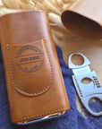 Personalised Tan Leatherette Cigar Case & Cutter Custom Engraved Logo Travel Portable Cedarwood Humidifying Box Groomsman Dad Corporate Gift