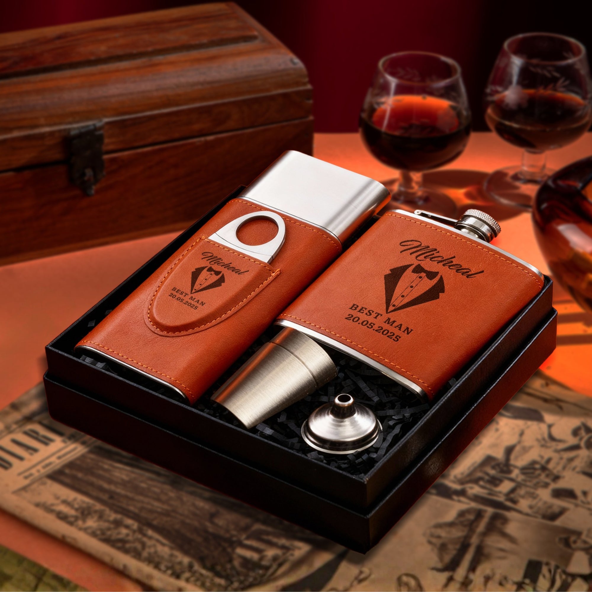 Personalised Tan Leatherette Hip Flask &amp; Cigar Case Set, Custom Engraved Logo Cedarwood Humidifying Holder, Groomsman Dad Corporate Gift Box