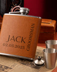 Personalised Tan Leatherette Hip Flask & Cigar Case Set, Custom Engraved Logo Cedarwood Humidifying Holder, Groomsman Dad Corporate Gift Box