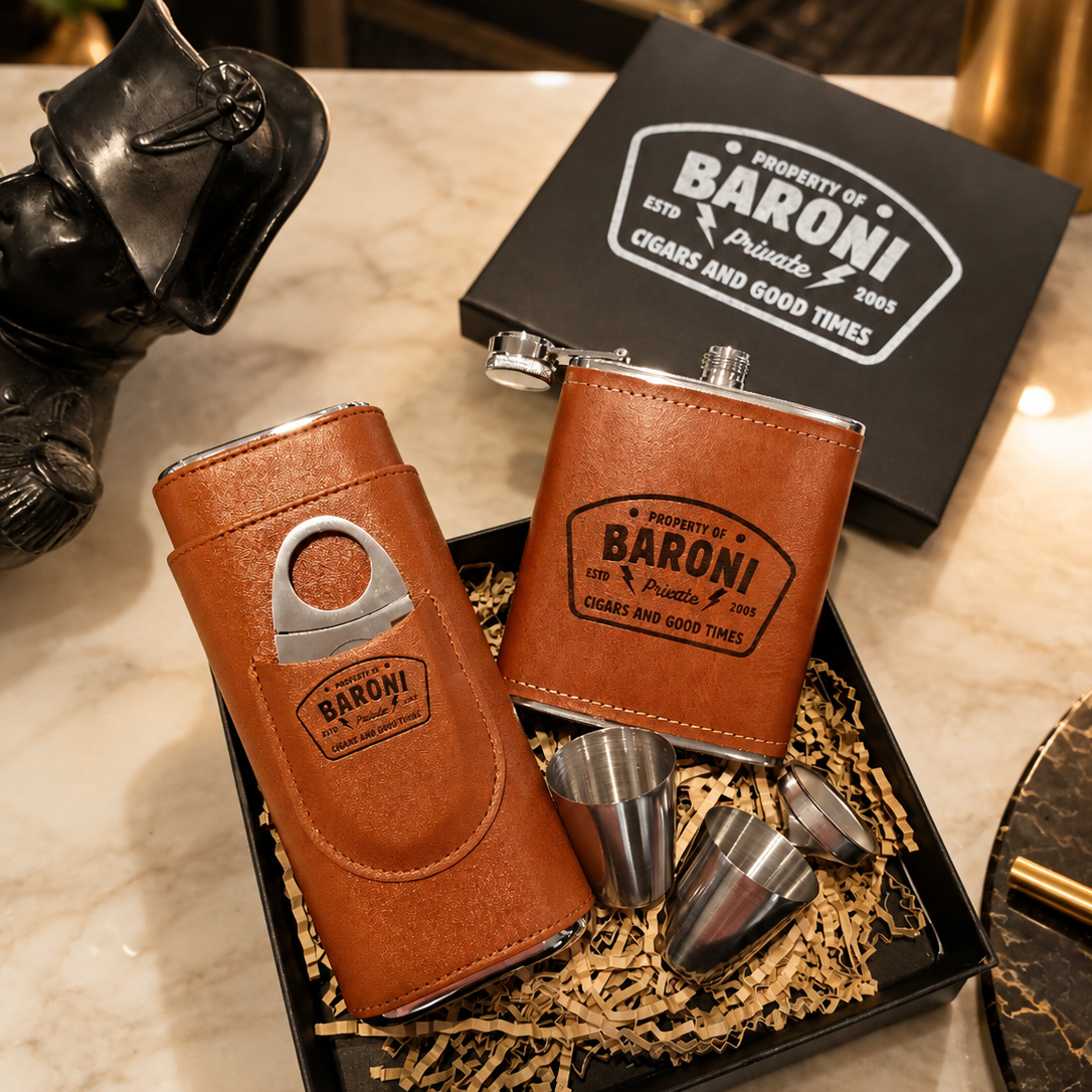Personalised Tan Leatherette Hip Flask &amp; Cigar Case Set, Custom Engraved Logo Cedarwood Humidifying Holder, Groomsman Dad Corporate Gift Box