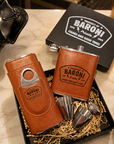 Personalised Tan Leatherette Hip Flask & Cigar Case Set, Custom Engraved Logo Cedarwood Humidifying Holder, Groomsman Dad Corporate Gift Box