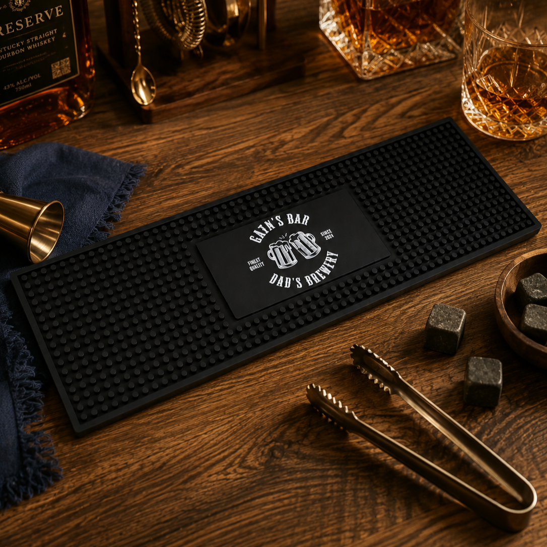 Personalised UV Print Bar Mat, Custom Logo Black Rubber Runner, Man Cave Pub Café Cocktail Home Bar, Bartender, Housewarming, Corporate Gift