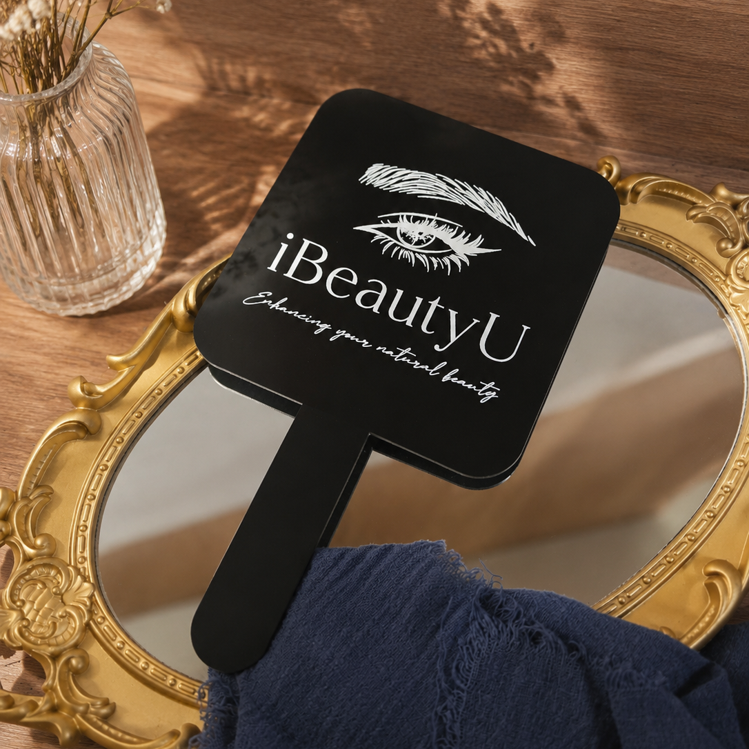 Personalised UV Printed Brand Business Logo Acrylic Handheld Mirror - Hair, Barbershops, Lash Brow, Makeup Cosmetic Spa Dental Beauty Clinic