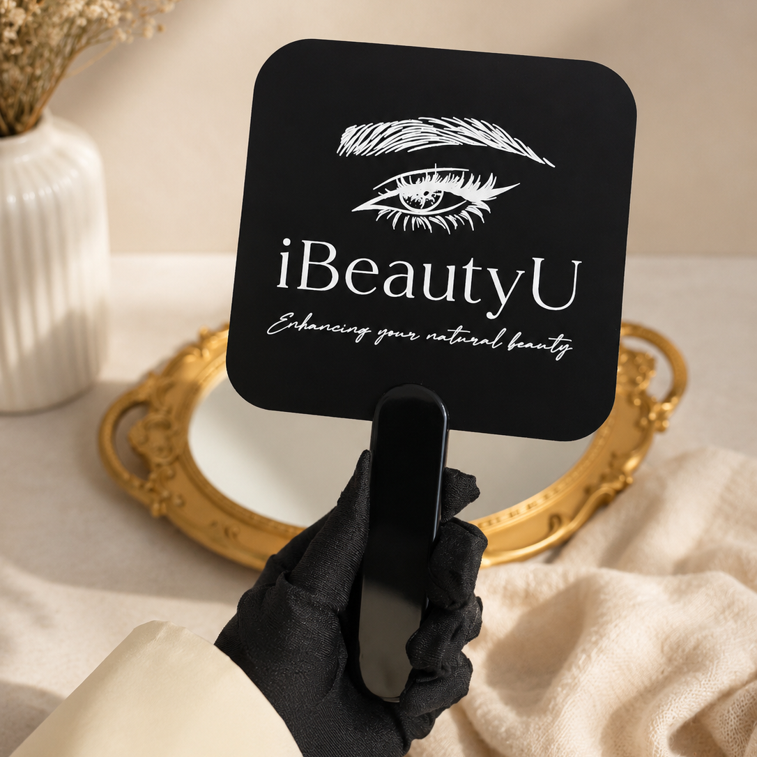 Personalised UV Printed Brand Business Logo Acrylic Handheld Mirror - Hair, Barbershops, Lash Brow, Makeup Cosmetic Spa Dental Beauty Clinic