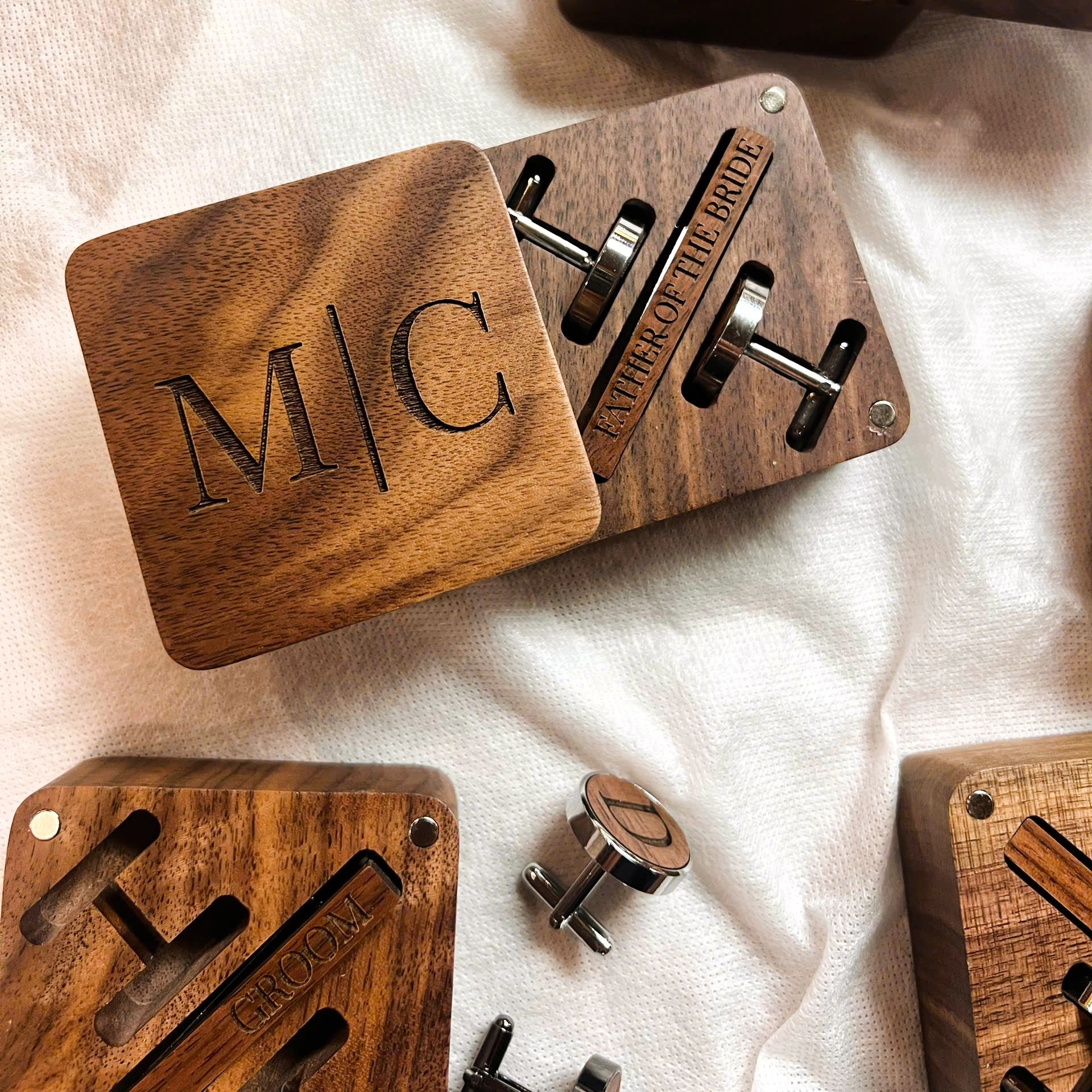 Personalised Walnut Cufflinks & Tie Clip Box, Custom Engraved Man's Wooden Accessories/ Jewellery Storage, Groomsmen, Dad, Wedding Gift Set