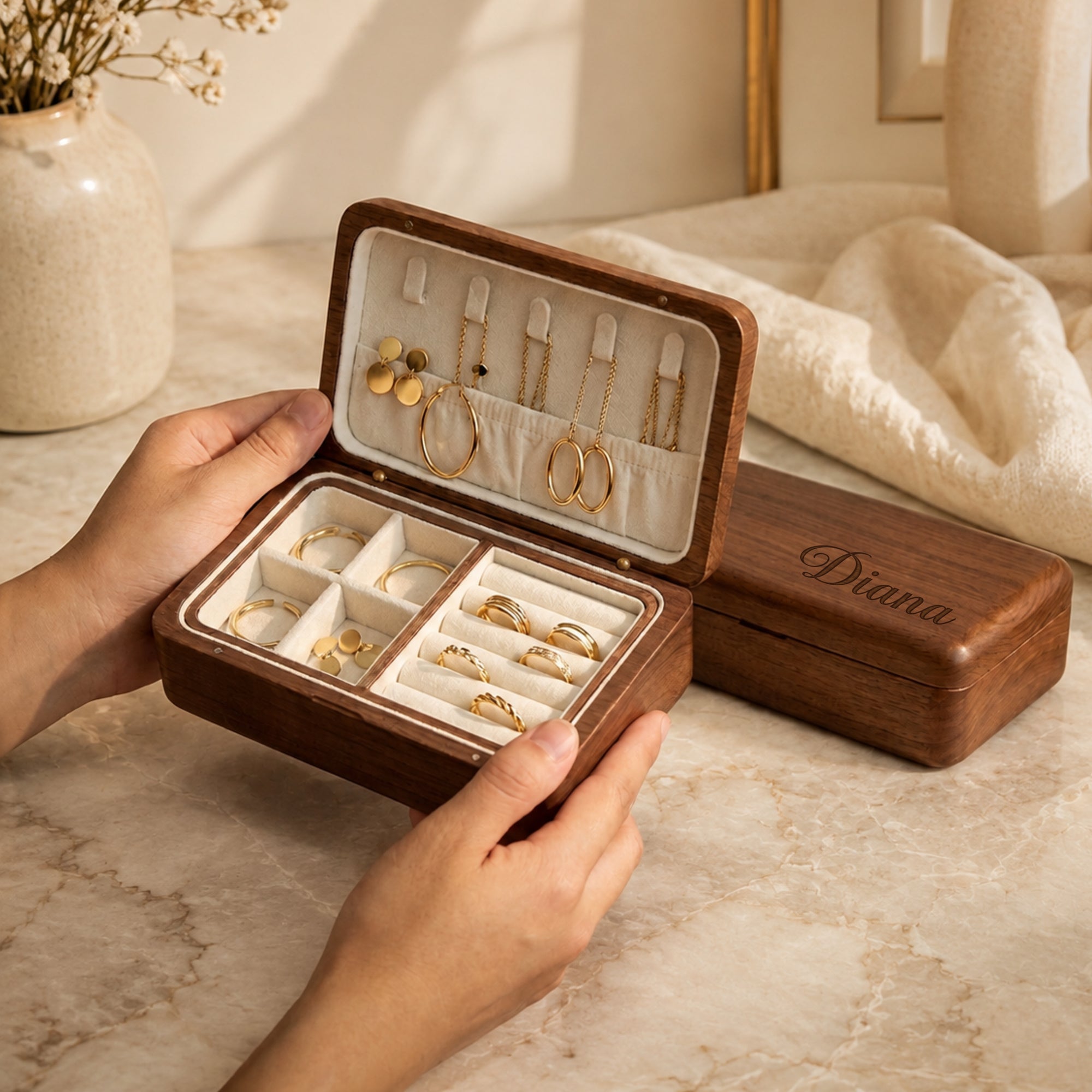 Personalised Walnut Double-Row Jewellery Box with Magnetic Lid, Custom Engraved Wooden Ring, Earring, Necklace Organiser &amp; Tray, Travel Gift