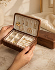 Personalised Walnut Double-Row Jewellery Box with Magnetic Lid, Custom Engraved Wooden Ring, Earring, Necklace Organiser & Tray, Travel Gift