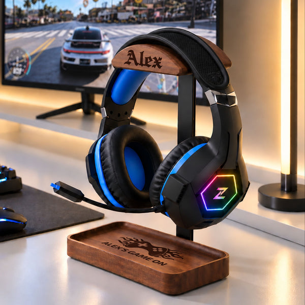 Personalised Engraved Walnut & Metal Headphone Stand with Storage Tray