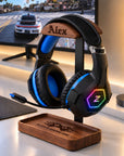 Personalised Walnut Headphone Stand & Storage Tray, Custom Engraved Wood Metal Desk Holder, Office Home Decor, Gamer Birthday Corporate Gift