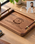 Personalised Walnut Serving Tray & Brass/ Wood Handles, Engraved Coffee Table, Vanity, Cheese Charcuterie Board, Office Desk Catch-all Gift