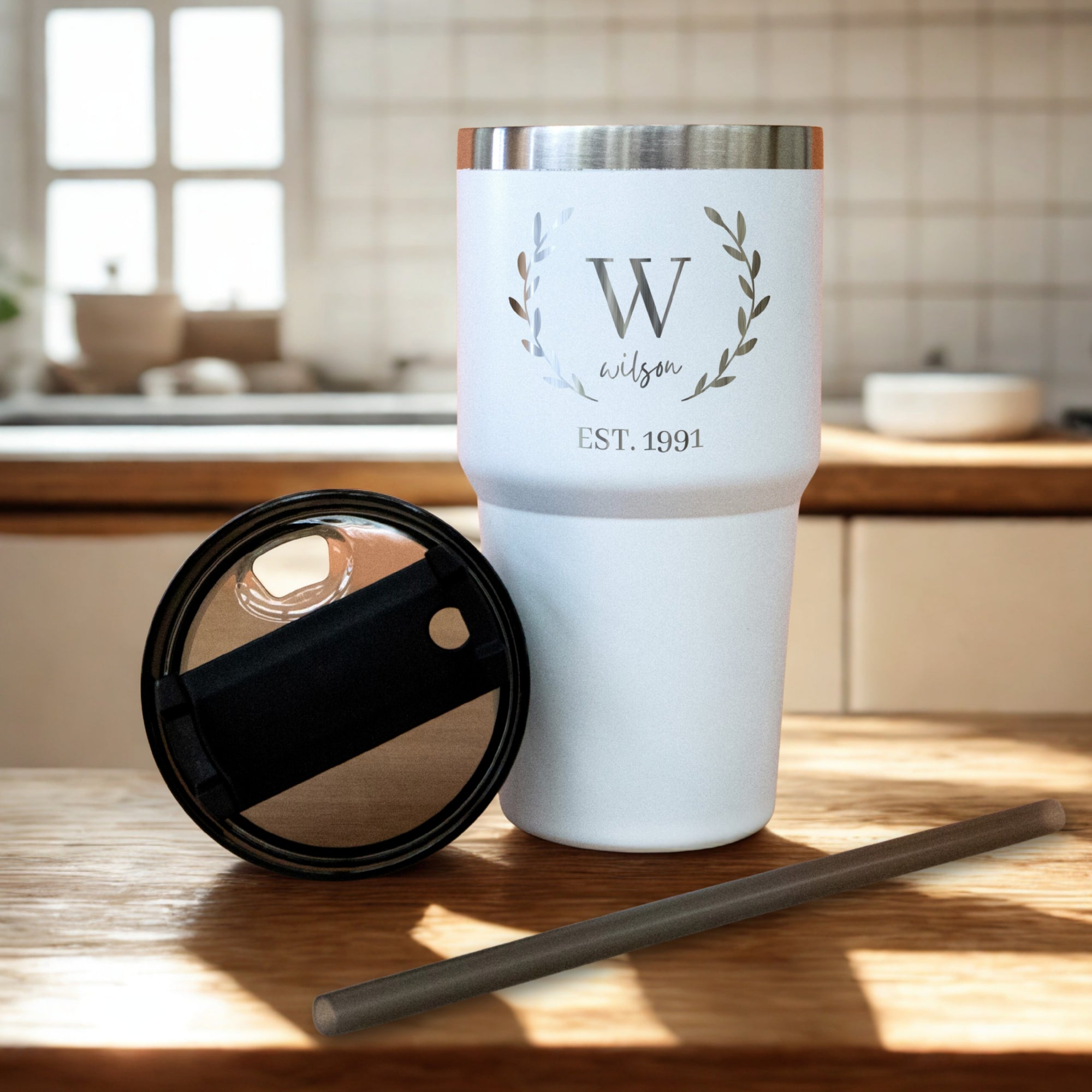 Personalised White Insulated Tumbler & Straw Set, Custom Engraved Logo Travel Thermal Drink Bottle, Coffee Car Cup, Corporate/ Birthday Gift
