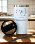 Personalised White Insulated Tumbler & Straw Set, Custom Engraved Logo Travel Thermal Drink Bottle, Coffee Car Cup, Corporate/ Birthday Gift