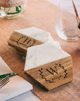 Personalised White Marble Acacia Wooden Coaster, Custom Engraved Logo Family Drink Mat Set, Wedding, Birthday, Housewarming, Corporate Gift