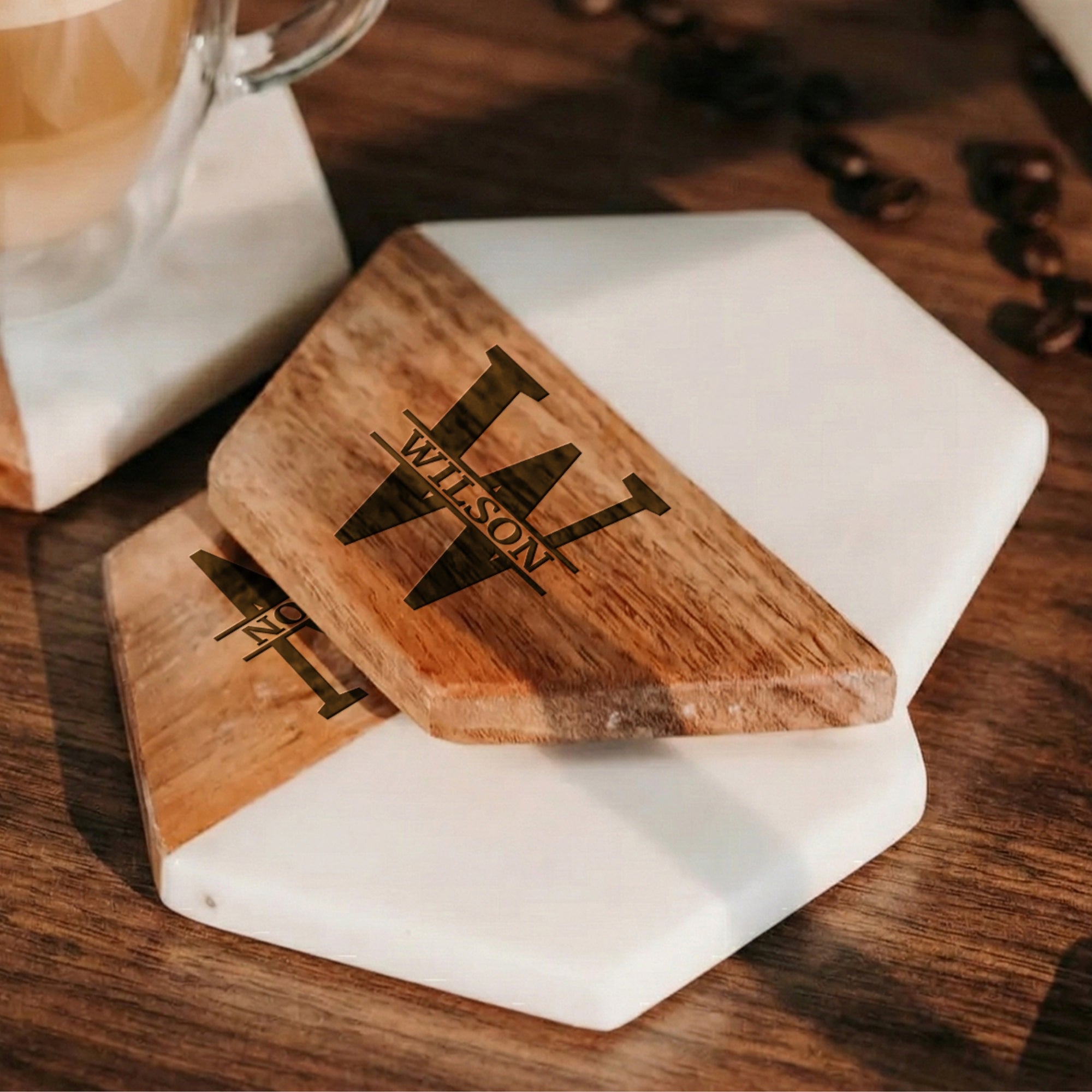 Personalised White Marble Acacia Wooden Coaster, Custom Engraved Logo Family Drink Mat Set, Wedding, Birthday, Housewarming, Corporate Gift