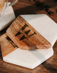 Personalised White Marble Acacia Wooden Coaster, Custom Engraved Logo Family Drink Mat Set, Wedding, Birthday, Housewarming, Corporate Gift