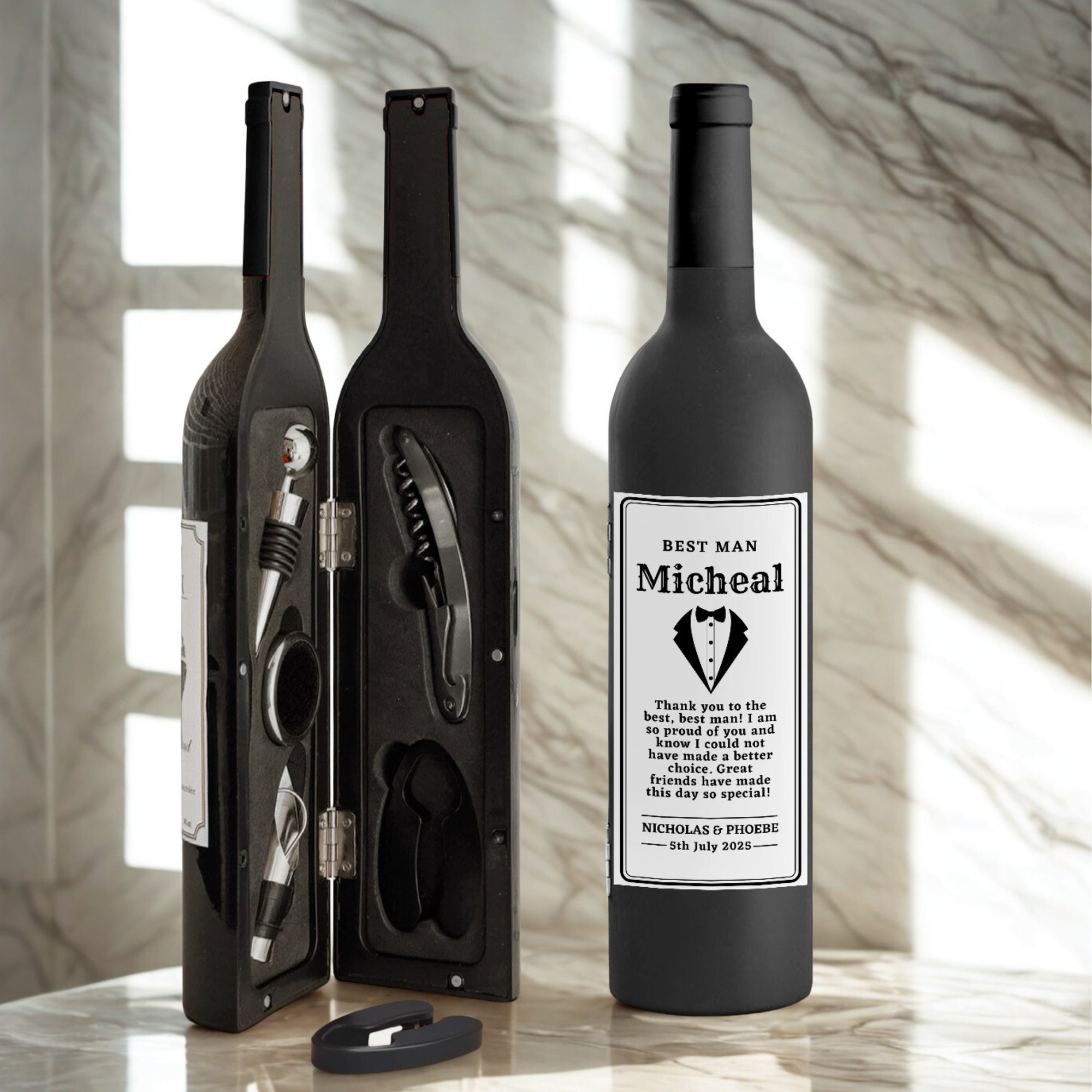 Personalised Wine Bottle Shaped Corkscrew Set, Custom Printed Champagne Accessories Kit, Barware Groomsman Bridesmaid Wedding Corporate Gift