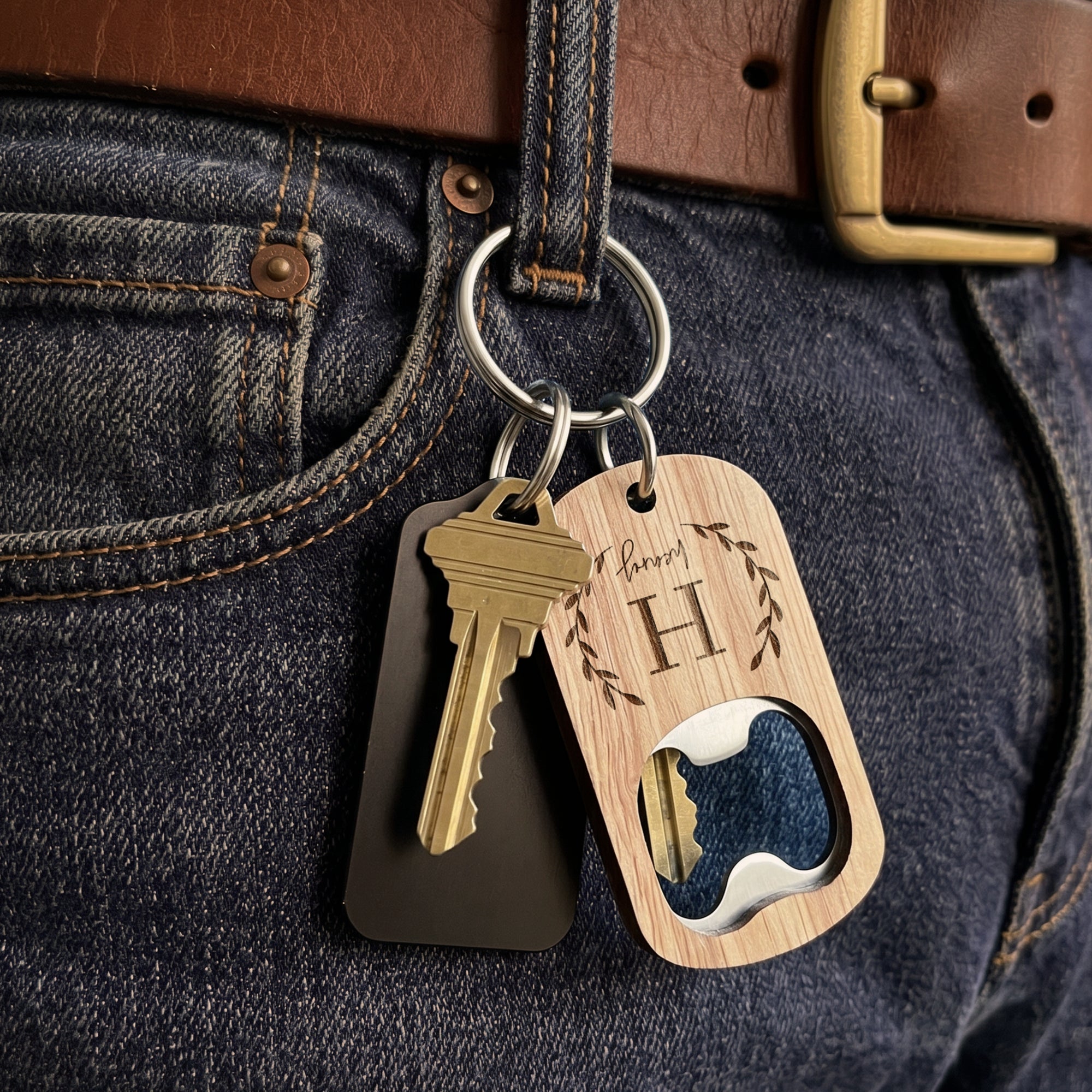 Personalised Wooden Bottle Opener Keyring, Custom Engraved Beer Popper Keychain, Dad Groomsmen Wedding Favour, Christmas Logo Corporate Gift