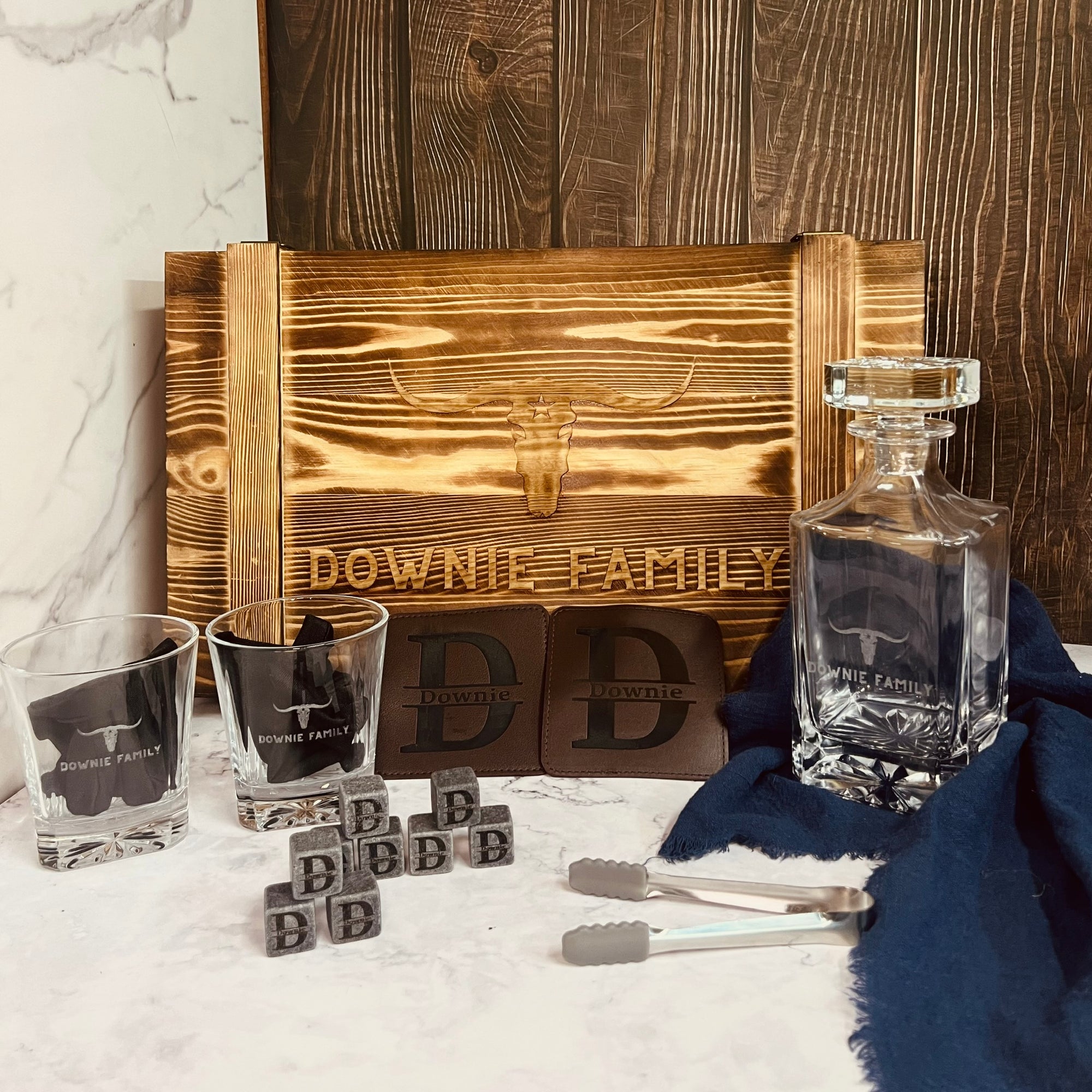 Personalised Army Wood Crate Whiskey Box, Whisky Decanter, 2 Glasses, 6 Ice Stones, 2 Coasters, Tongs, Etched Barware Groomsman Dad Gift Set