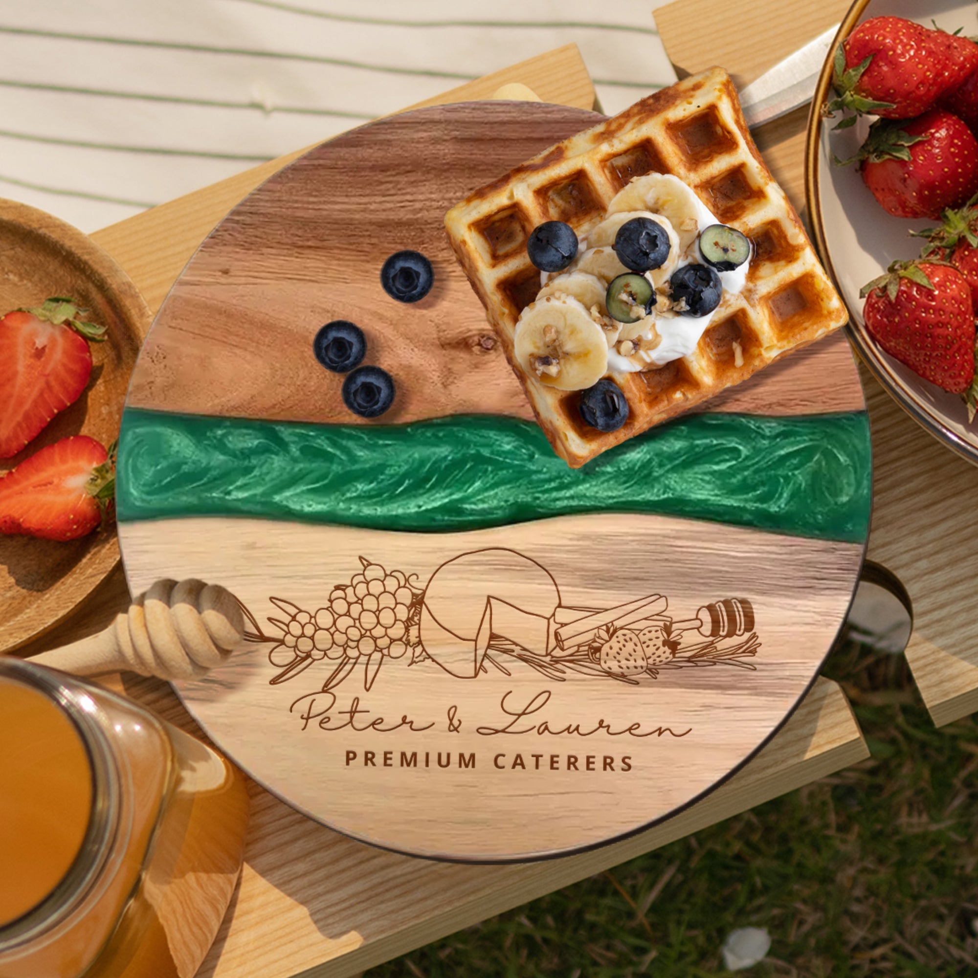 Personalised Wood Round Resin Cheese Tray, Custom Logo Etched Kitchen Cutting Serving Board, Charcuterie Platter Corporate Housewarming Gift