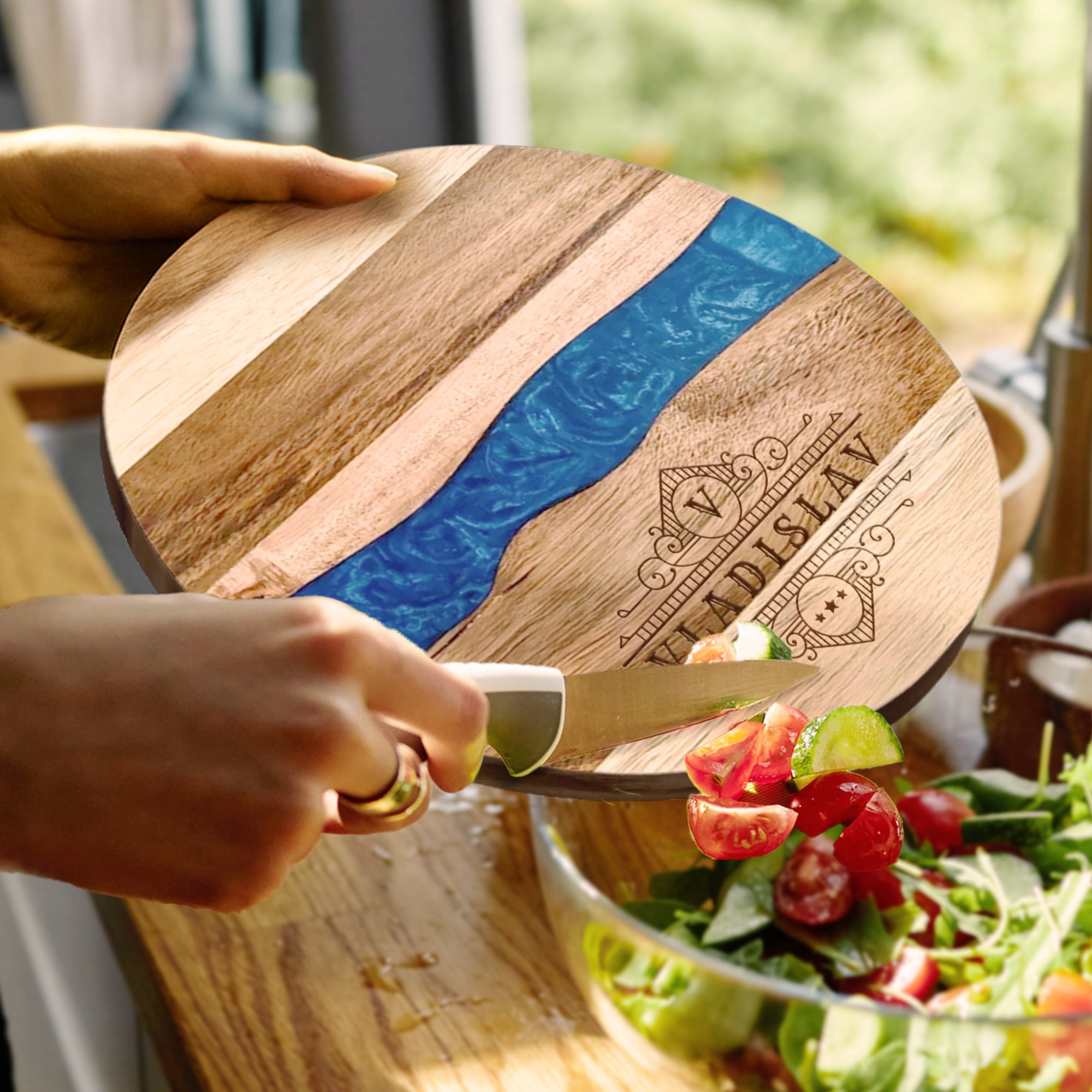 Personalised Wood Round Resin Cheese Tray, Custom Logo Etched Kitchen Cutting Serving Board, Charcuterie Platter Corporate Housewarming Gift