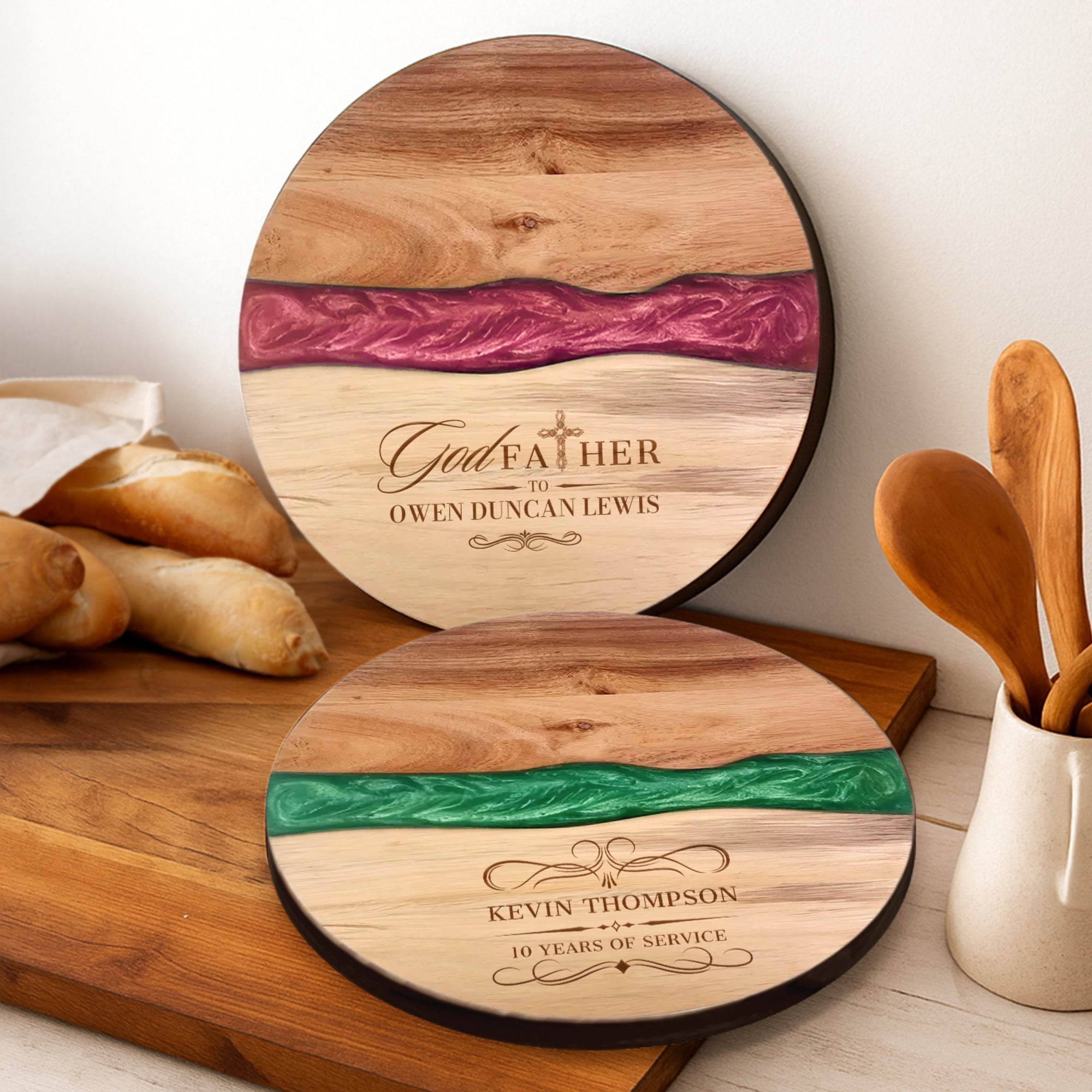 Personalised Wood Round Resin Cheese Tray, Custom Logo Etched Kitchen Cutting Serving Board, Charcuterie Platter Corporate Housewarming Gift