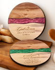 Personalised Wood Round Resin Cheese Tray, Custom Logo Etched Kitchen Cutting Serving Board, Charcuterie Platter Corporate Housewarming Gift