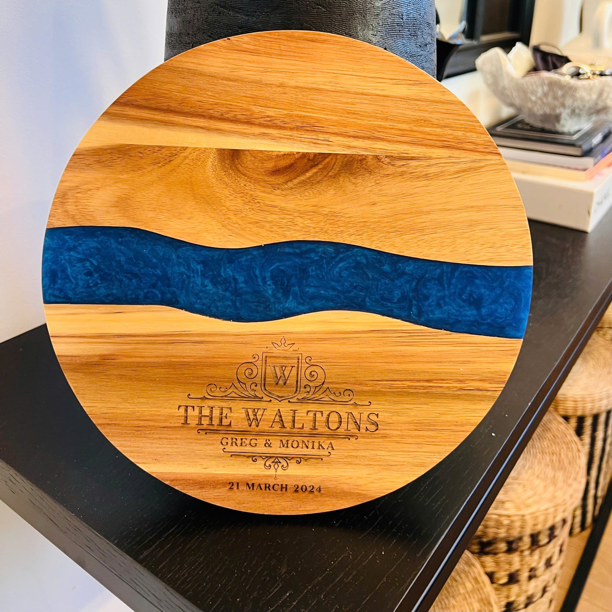 Personalised Wood Round Resin Cheese Tray, Custom Logo Etched Kitchen Cutting Serving Board, Charcuterie Platter Corporate Housewarming Gift