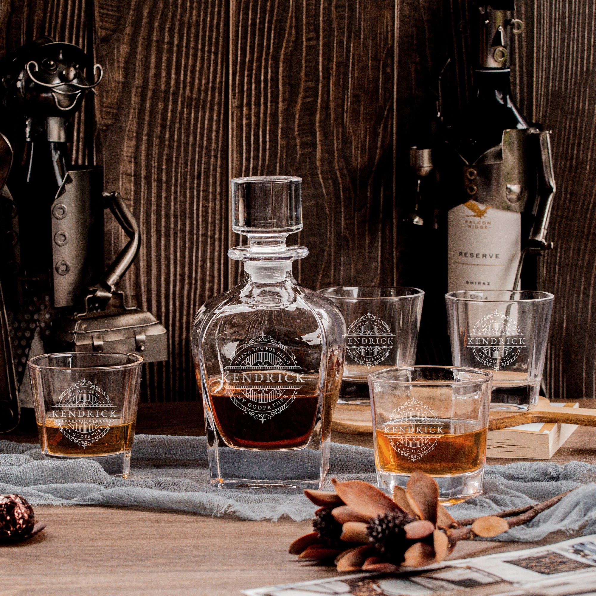 Personalised Wooden Boxed Curve Whiskey Decanter Set, 4 Scotch Glasses, 8 Ice Stones &amp; Tongs | Custom Engraved Groomsmen, Wedding, Whisky Bar Gift