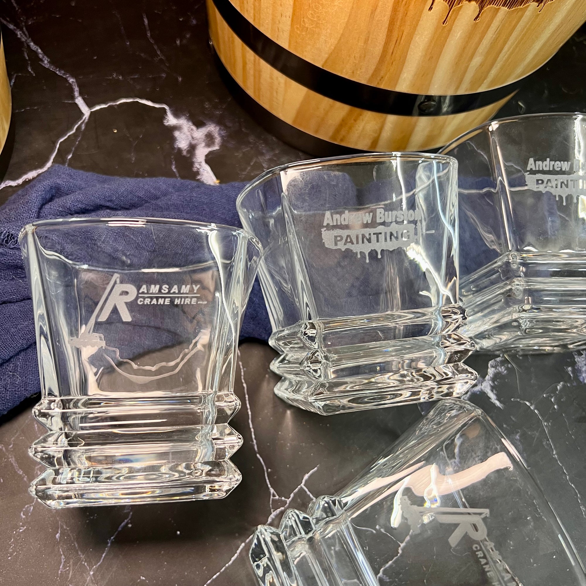 Personalised Wooden Barrel Whiskey Box, 2 Prism Glasses, 6 Ice Stones | Custom Engraved Barware Set, Dad, Groomsmen, Retirement, Xmas Gift 