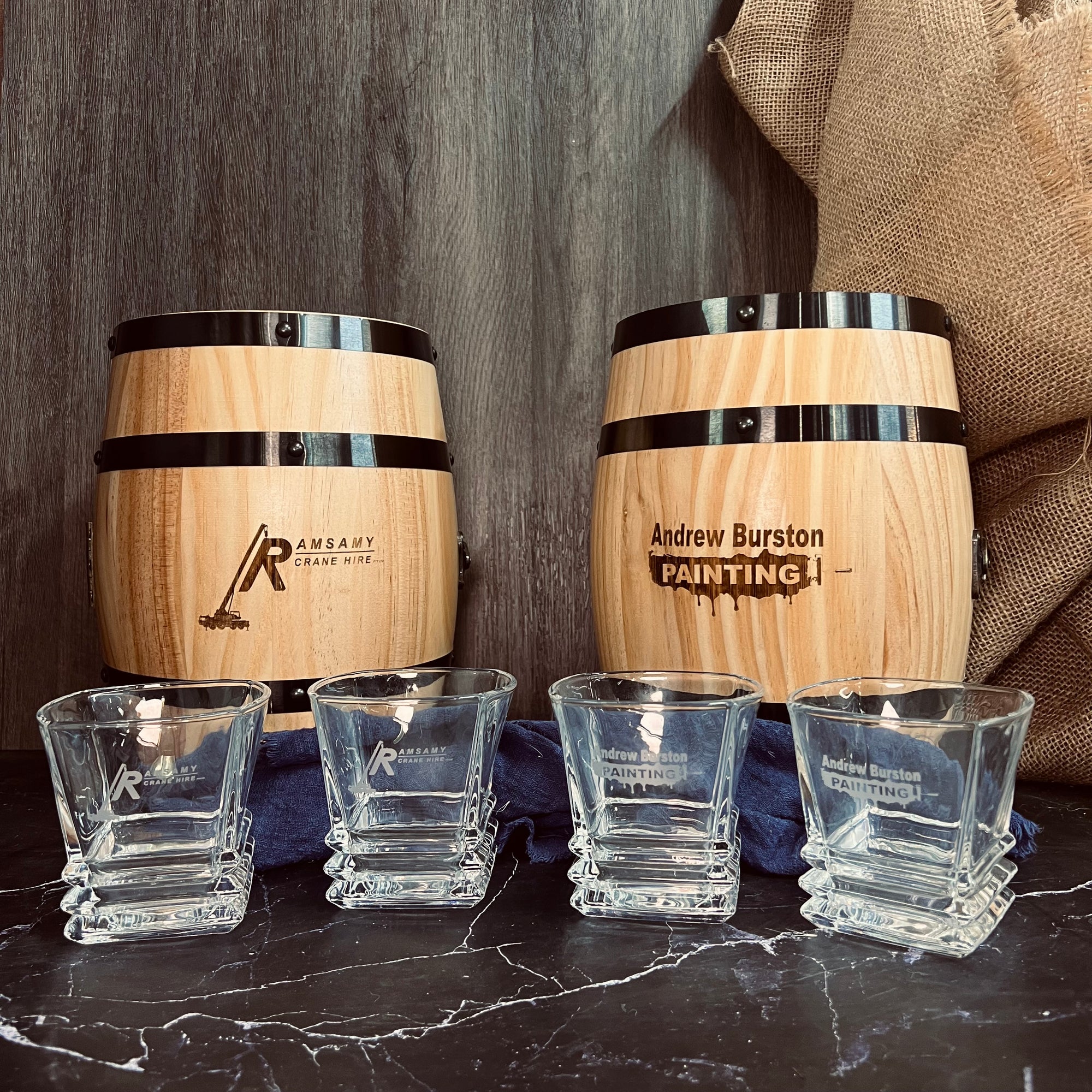 Personalised Wooden Barrel Whiskey Box, 2 Prism Glasses, 6 Ice Stones | Custom Engraved Barware Set, Dad, Groomsmen, Retirement, Xmas Gift 