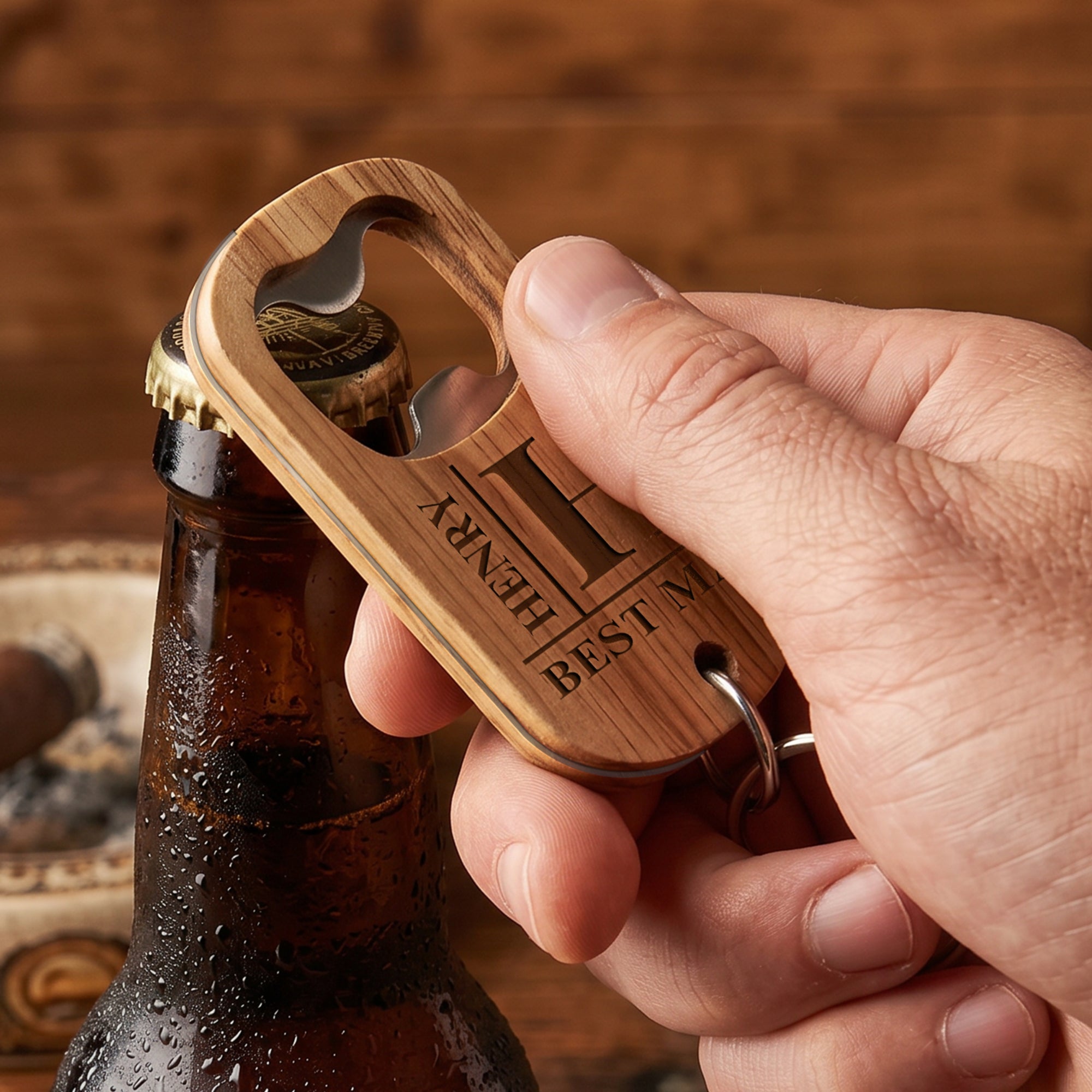 Personalised Wooden Bottle Opener Keyring, Custom Engraved Beer Popper Keychain, Dad Groomsmen Wedding Favour, Christmas Logo Corporate Gift