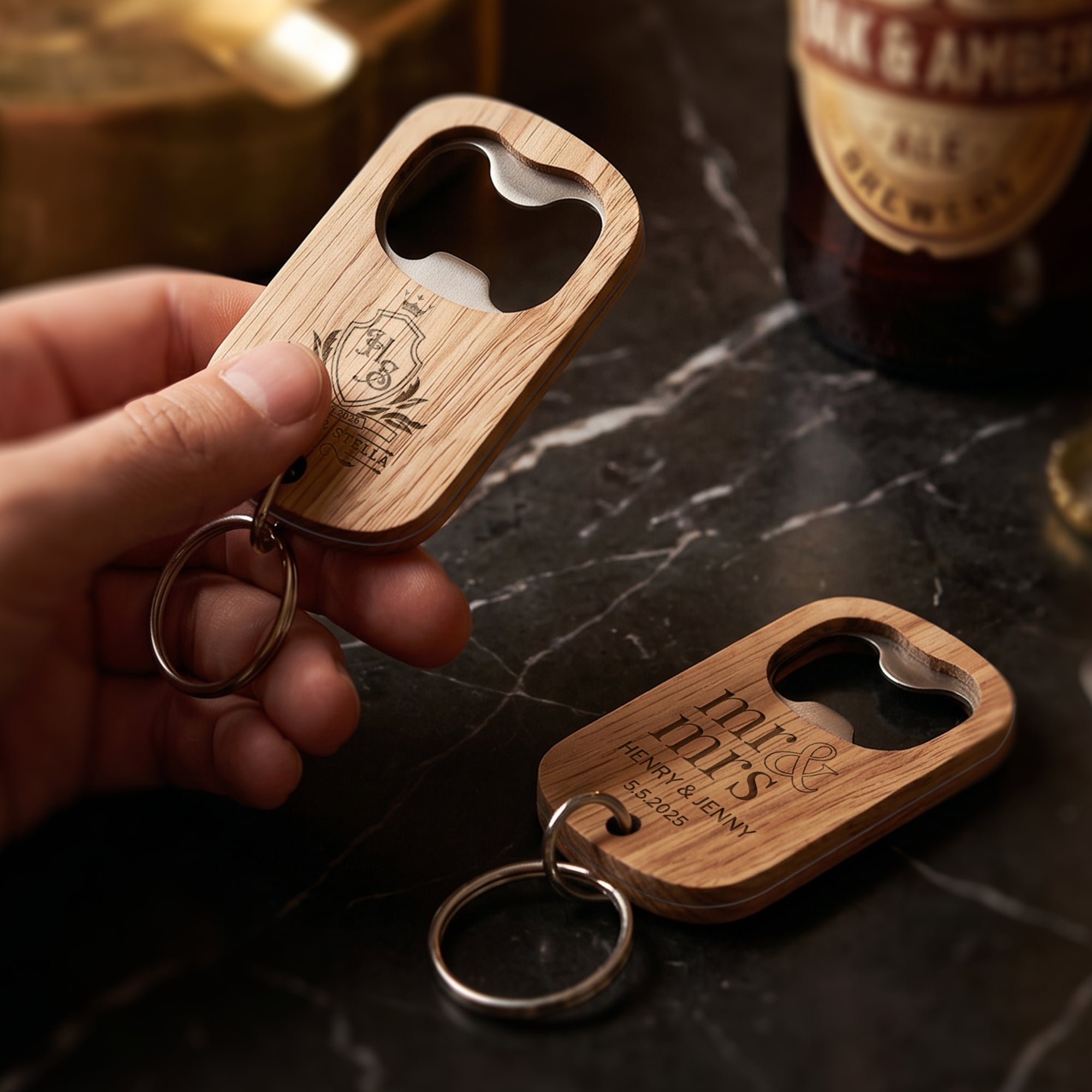 Personalised Wooden Bottle Opener Keyring, Custom Engraved Beer Popper Keychain, Dad Groomsmen Wedding Favour, Christmas Logo Corporate Gift