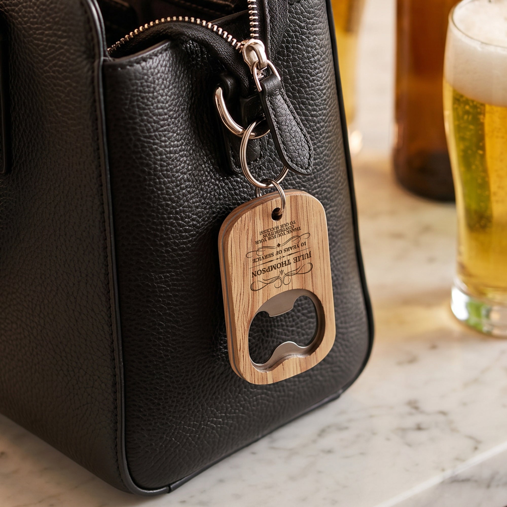 Personalised Wooden Bottle Opener Keyring, Custom Engraved Beer Popper Keychain, Dad Groomsmen Wedding Favour, Christmas Logo Corporate Gift