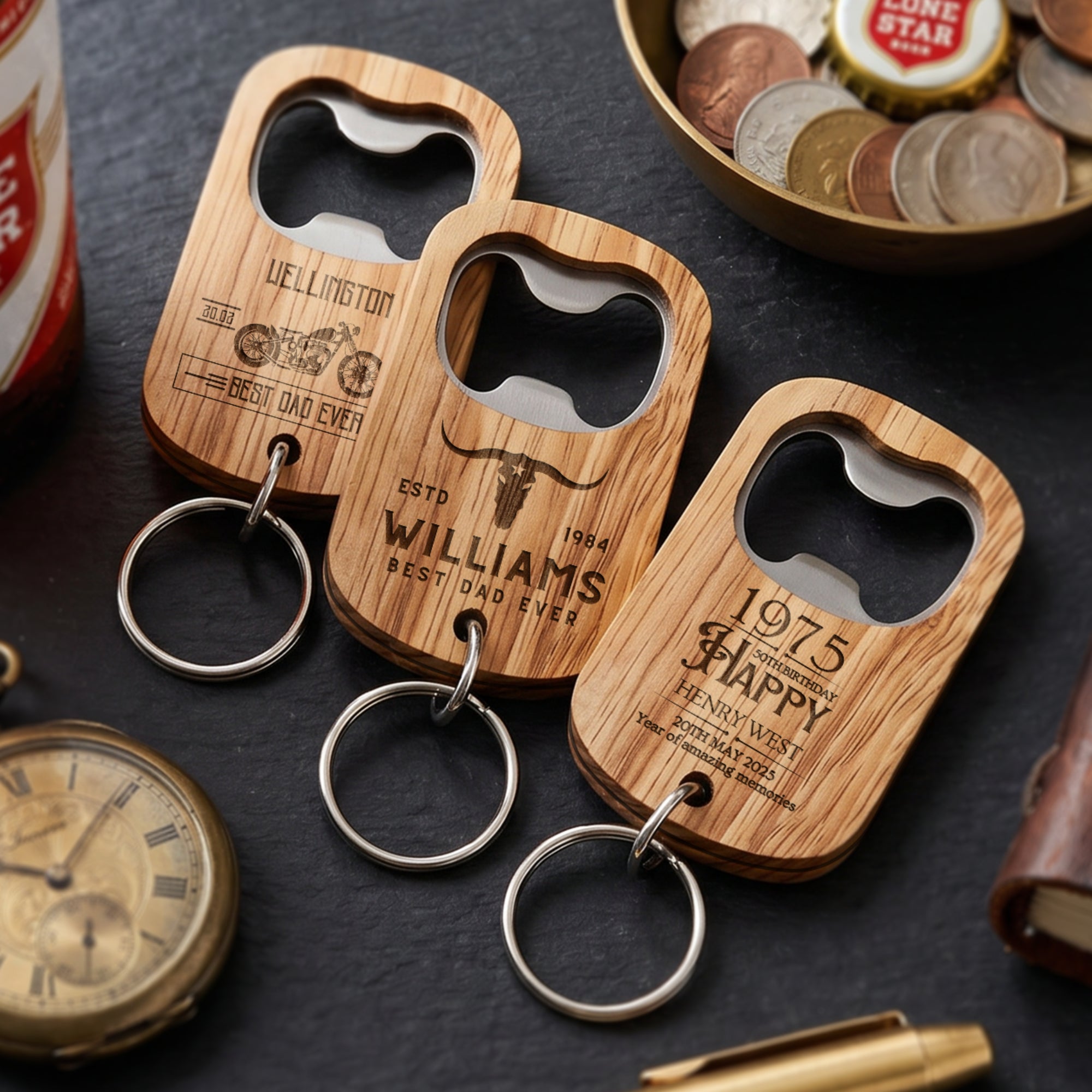 Personalised Wooden Bottle Opener Keyring, Custom Engraved Beer Popper Keychain, Dad Groomsmen Wedding Favour, Christmas Logo Corporate Gift