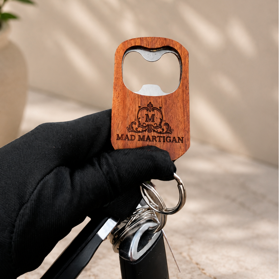 Personalised Wooden Bottle Opener Keyring, Custom Engraved Beer Popper Keychain, Dad Groomsmen Wedding Favour, Christmas Logo Corporate Gift