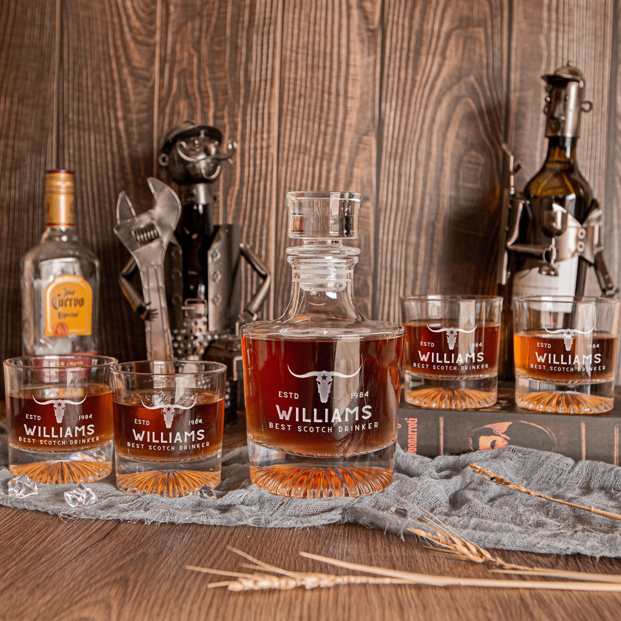 Personalised Wooden Boxed Round Whiskey Decanter Set, 4 Scotch Glasses, 8 Ice Stones &amp; Tongs | Custom Engraved Groomsmen, Wedding, Whisky Bar Gift