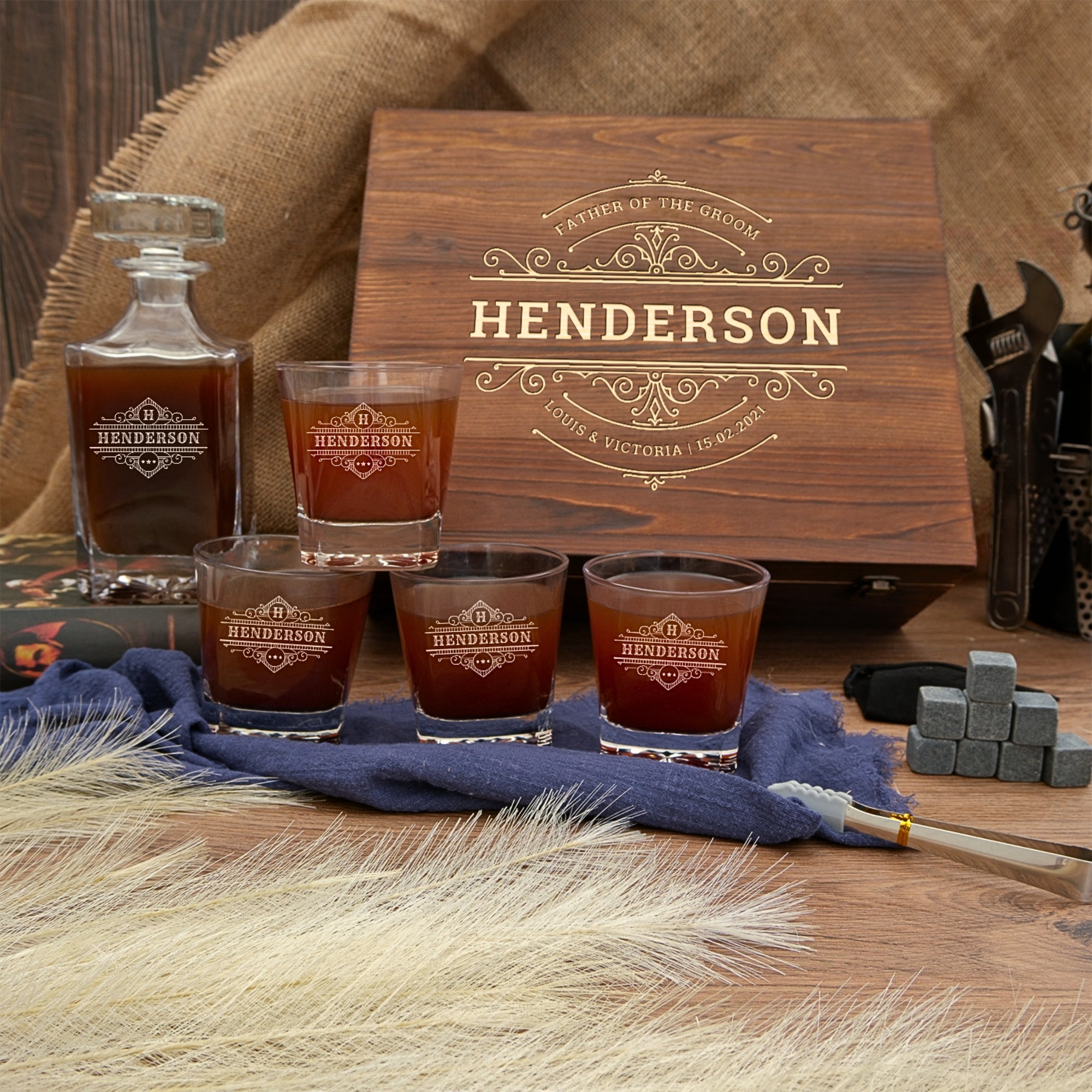 Personalised Wooden Boxed Star Base Whiskey Decanter Set, 4  Glasses, 8 Ice Stones & Tongs | Custom Engraved Logo Groomsmen Wedding Bar Gift