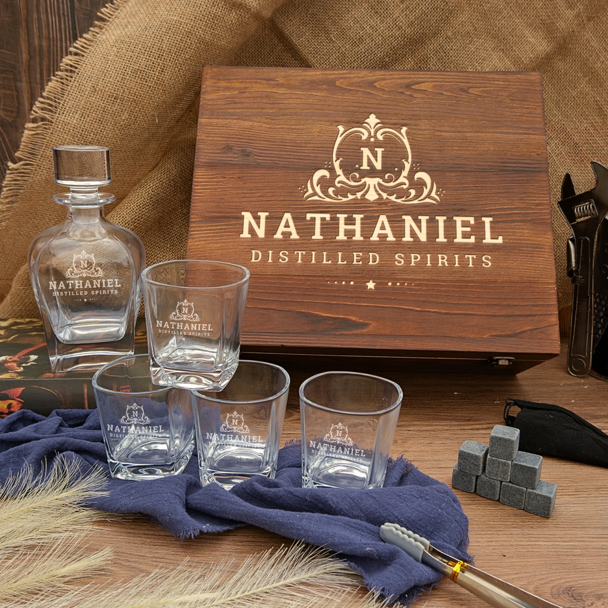 Personalised Wooden Box Curve Whiskey Decanter Set, 4 Scotch Glasses, 8 Ice Stones & Tongs | Custom Engraved Logo Groomsmen Wedding Bar Gift