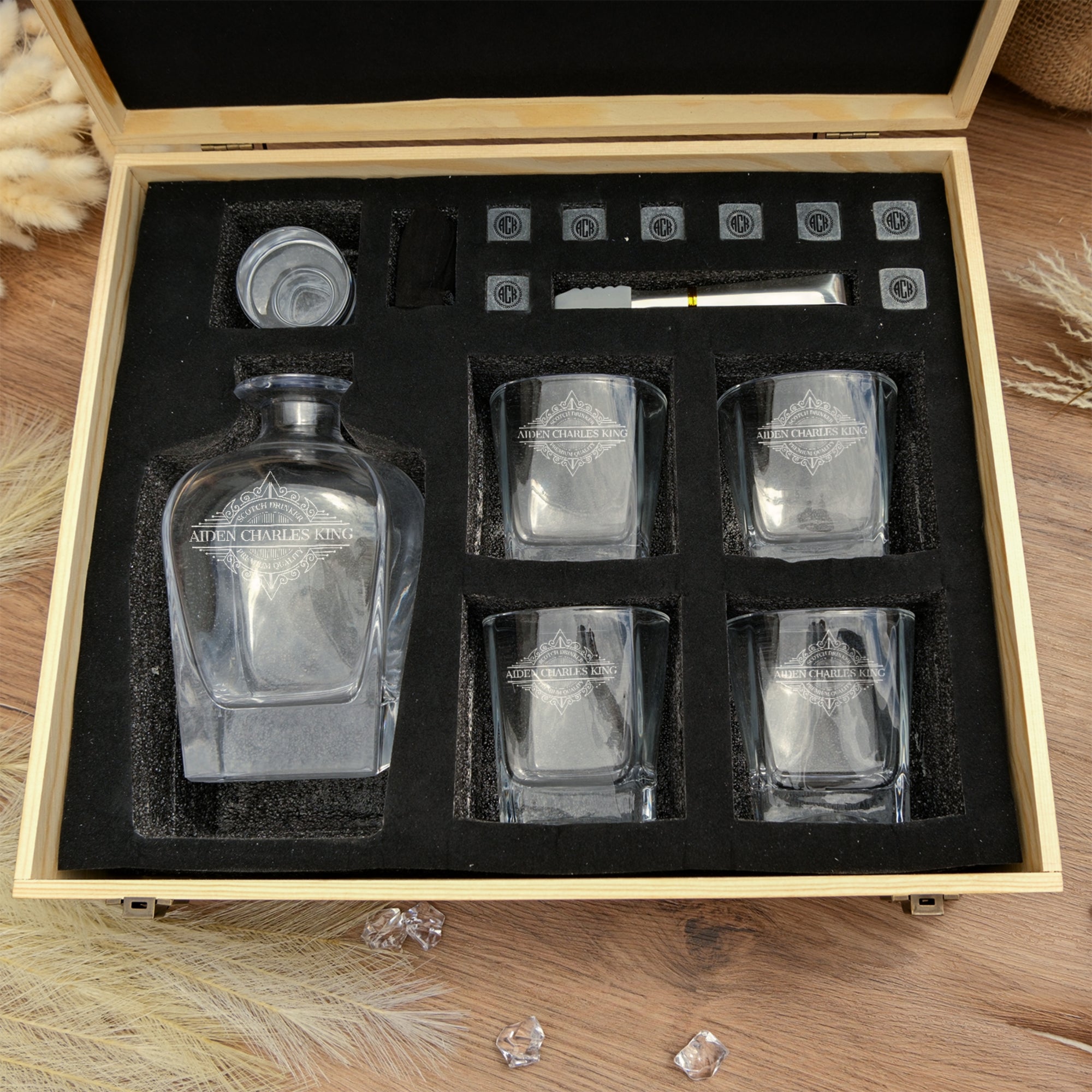 Personalised Wooden Box Curve Whiskey Decanter Set, 4 Scotch Glasses, 8 Ice Stones &amp; Tongs | Custom Engraved Logo Groomsmen Wedding Bar Gift