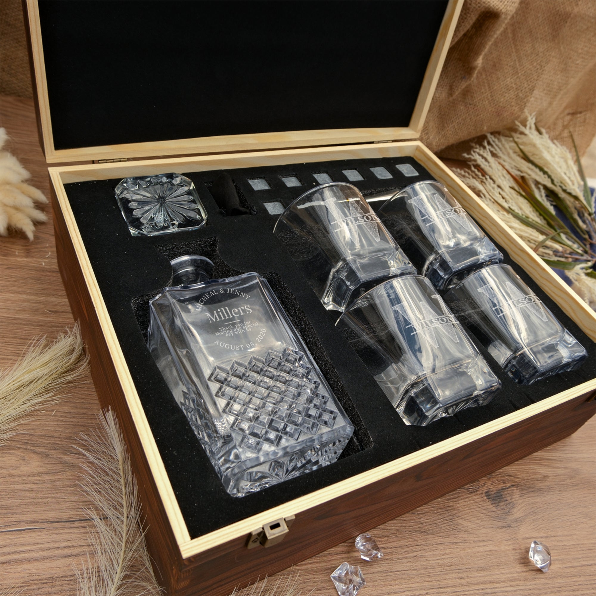 Personalised Wooden Boxed Diamond Whiskey Decanter Set, 4 Glasses, 8 Ice Stones & Tongs | Custom Engraved Groomsmen, Wedding Whisky Bar Gift