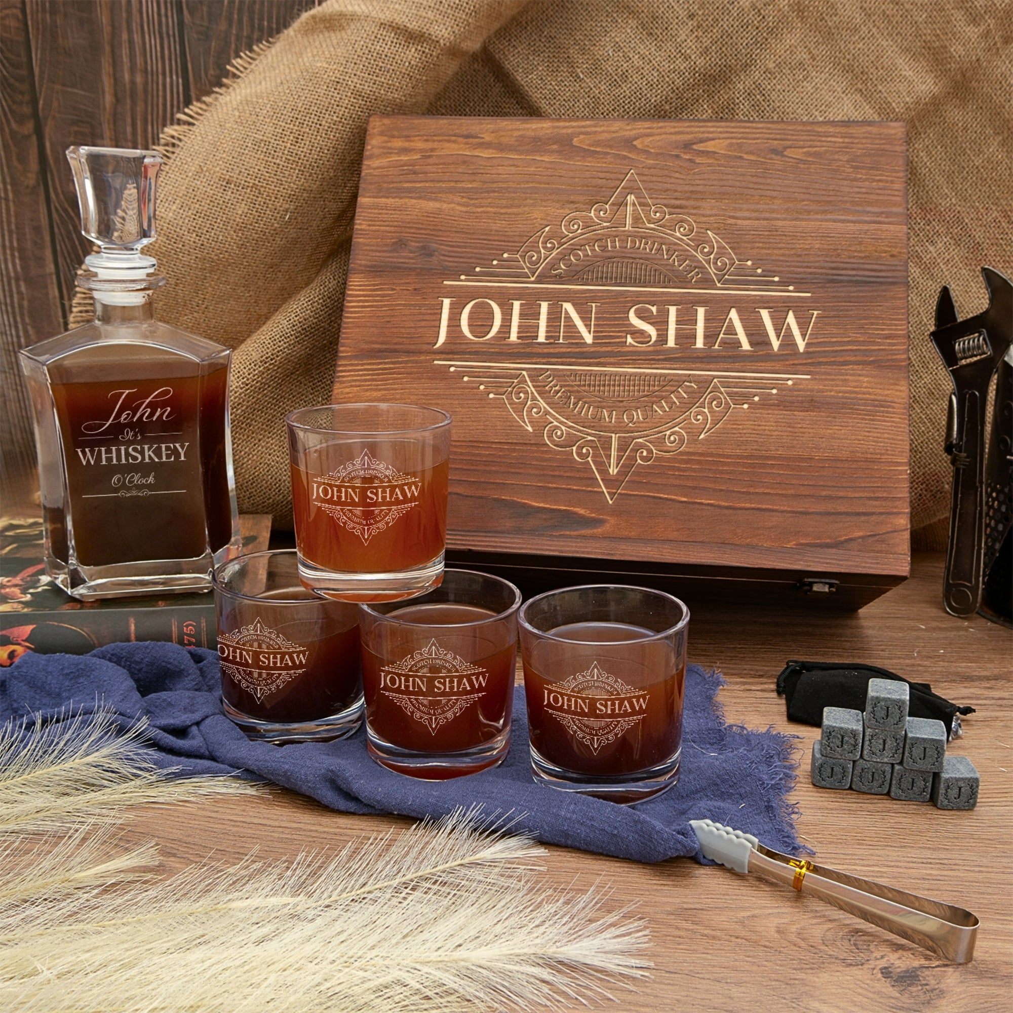 Personalised Wooden Boxed Flat Whiskey Decanter Set, 4 Scotch Glasses, 8 Ice Stones & Tongs | Custom Engraved Groomsmen, Wedding Bar Gift