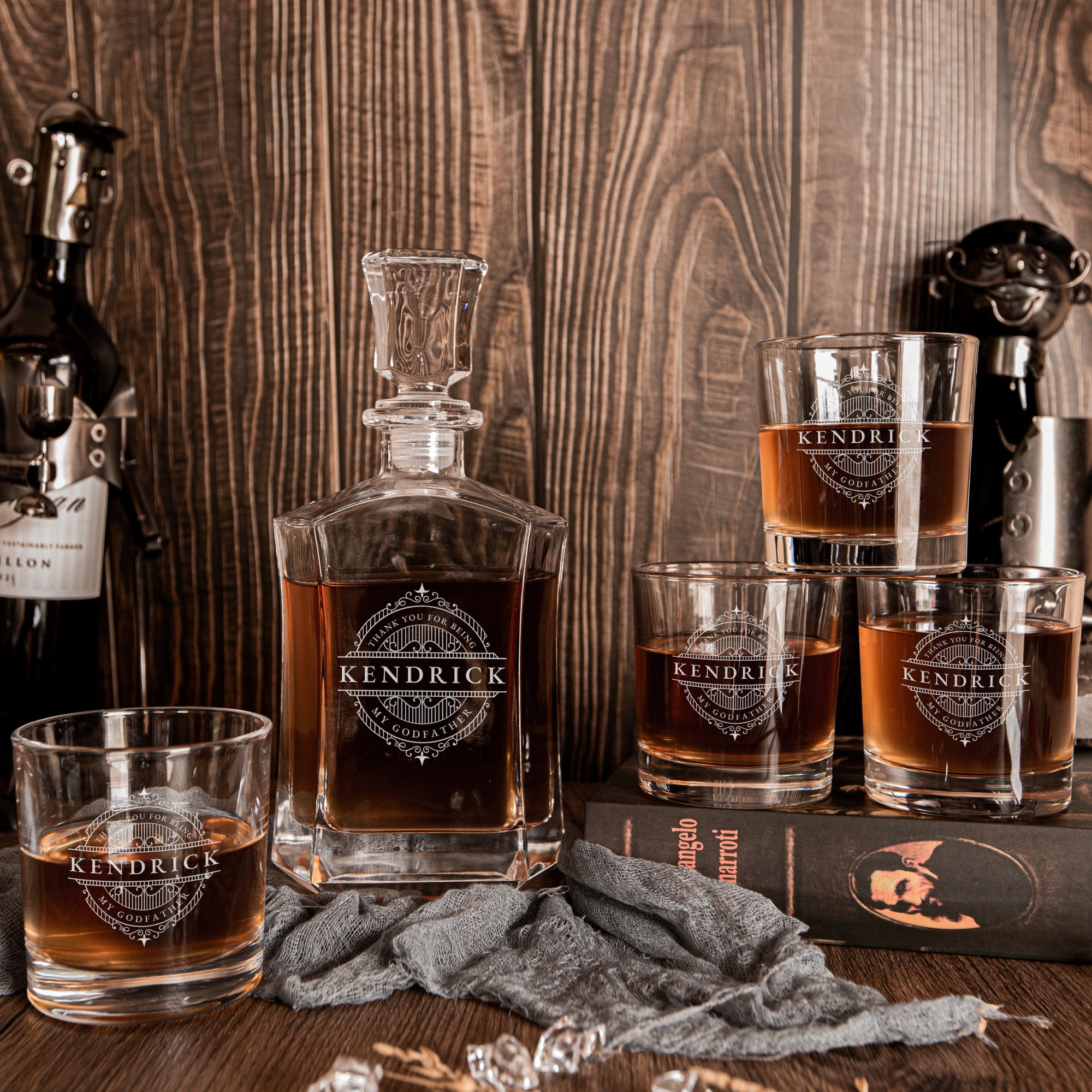 Personalised Wooden Boxed Flat Whiskey Decanter Set, 4 Scotch Glasses, 8 Ice Stones &amp; Tongs | Custom Engraved Groomsmen, Wedding, Whisky Bar Gift