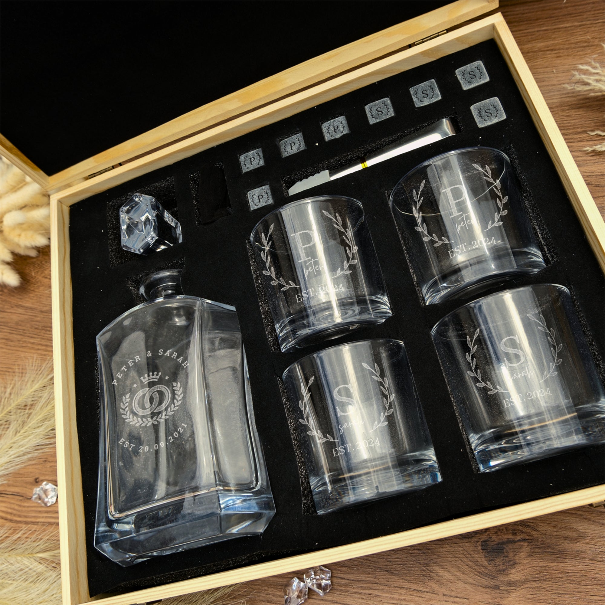 Personalised Wooden Boxed Flat Whiskey Decanter Set, 4 Scotch Glasses, 8 Ice Stones &amp; Tongs | Custom Engraved Groomsmen, Wedding, Whisky Bar Gift