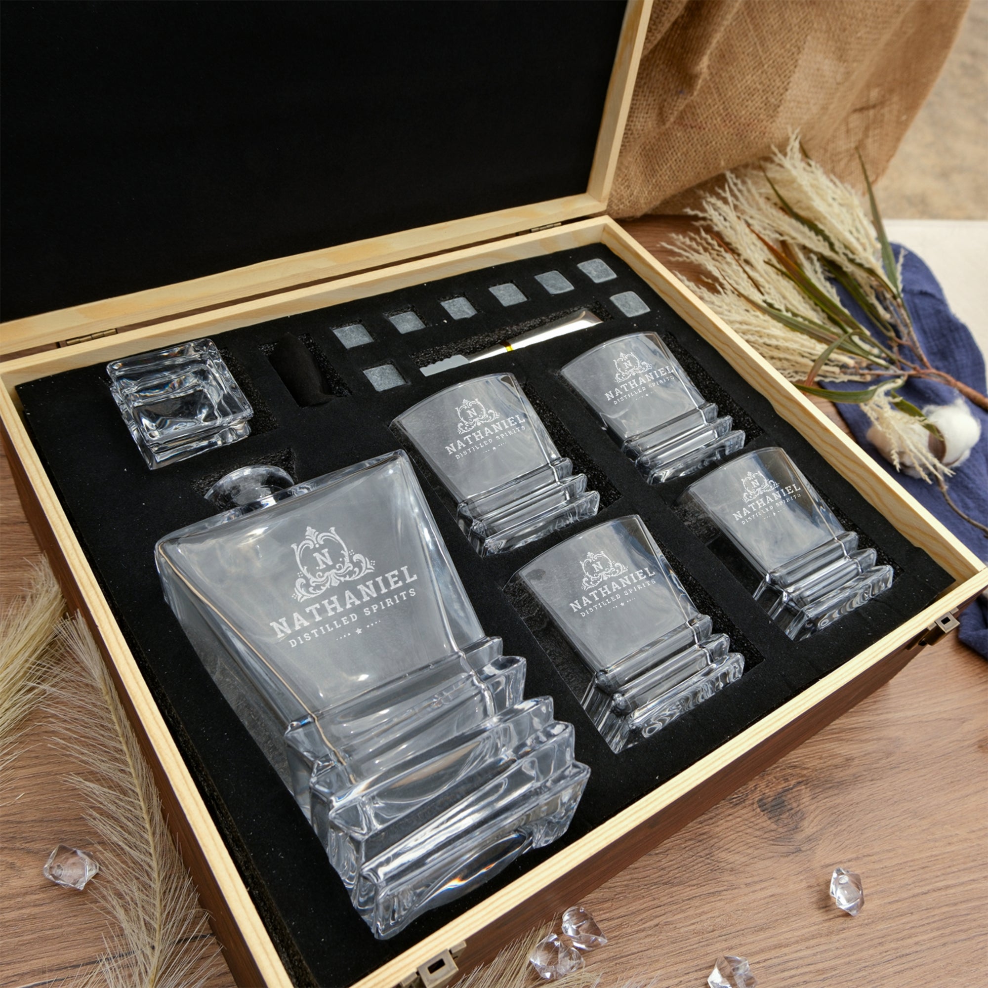 Personalised Wooden Boxed Prism Whiskey Decanter Set, 4 Glasses, 8 Ice Stones & Tongs | Custom Engraved Groomsmen, Wedding, Whisky Bar Gift